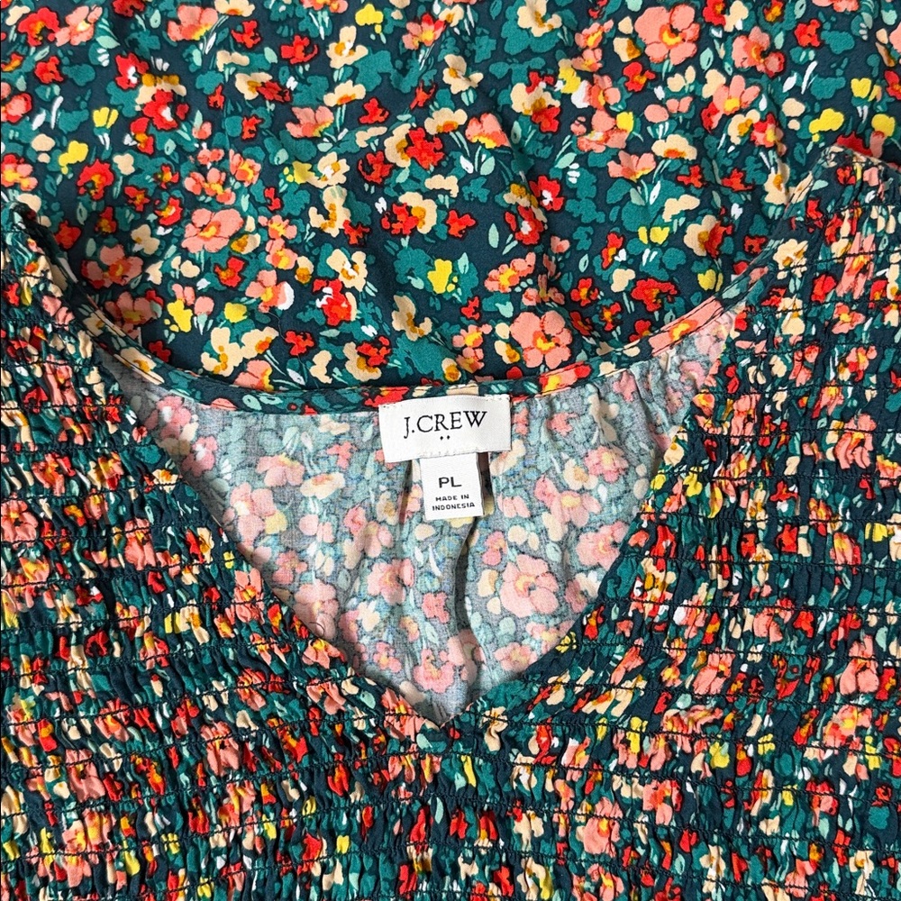 J. Crew V-Neck Smocked Green Floral Midi Dress - Picture 5 of 11